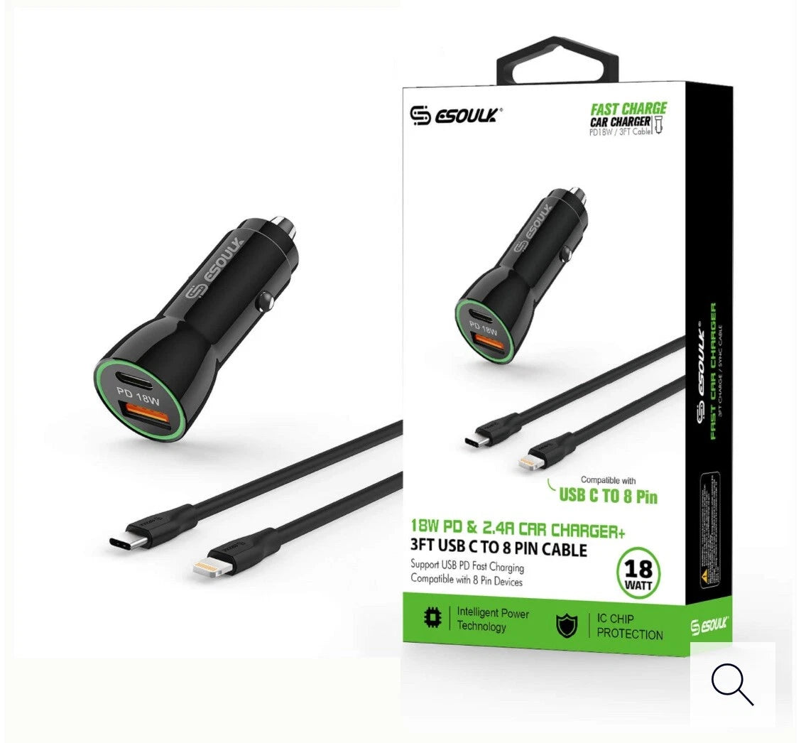 USB-C to 8 Pin 18W iPhone Fast Car Charger w/3ft Cable